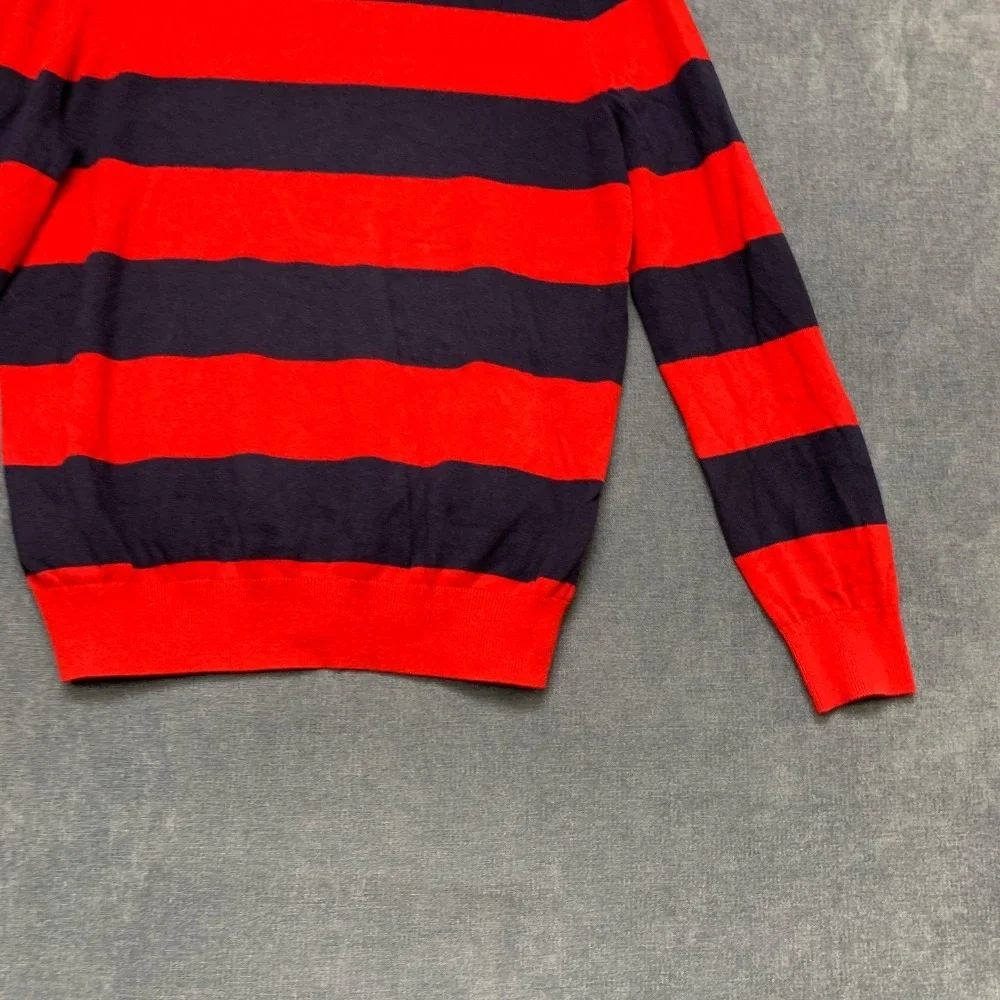 Tommy Hilfiger Sweater Mens Small Navy Blue Red Striped Cotton Tight Knit Winter